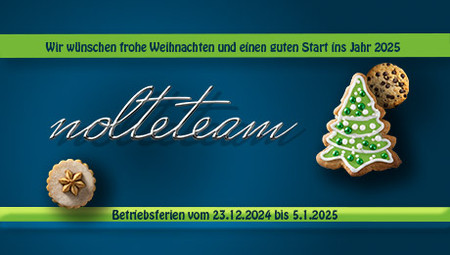 Blauer Hintergrund, grüne Streifen, nolteteam-Schriftzug in Chrom-Optik, Text mit Weihnachtsgrüßen und Infos zu Betriebsferien, Weihnachtskekse als Deko